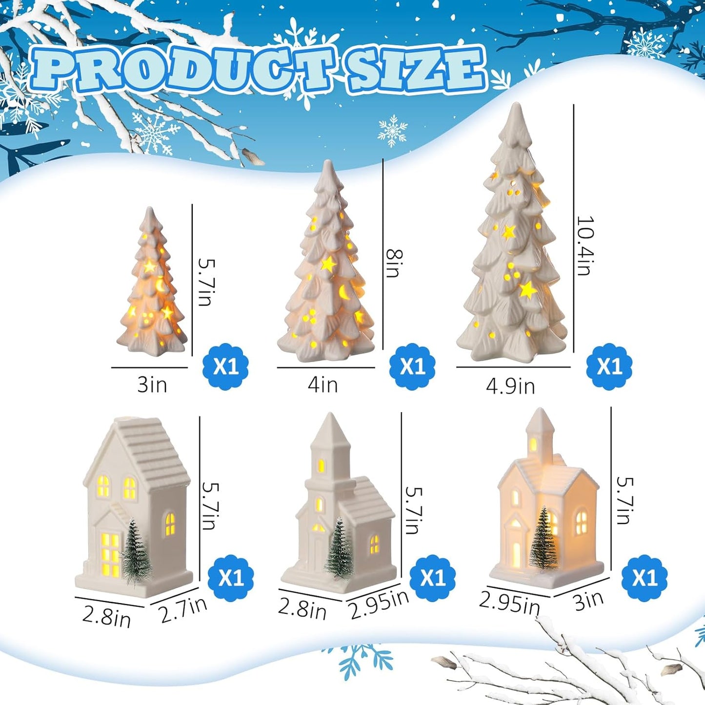 Nuogo Light Up Ceramic Christmas Trees Set - 6 Pcs White LED Decor with Glitter Snow for Holiday Tables
