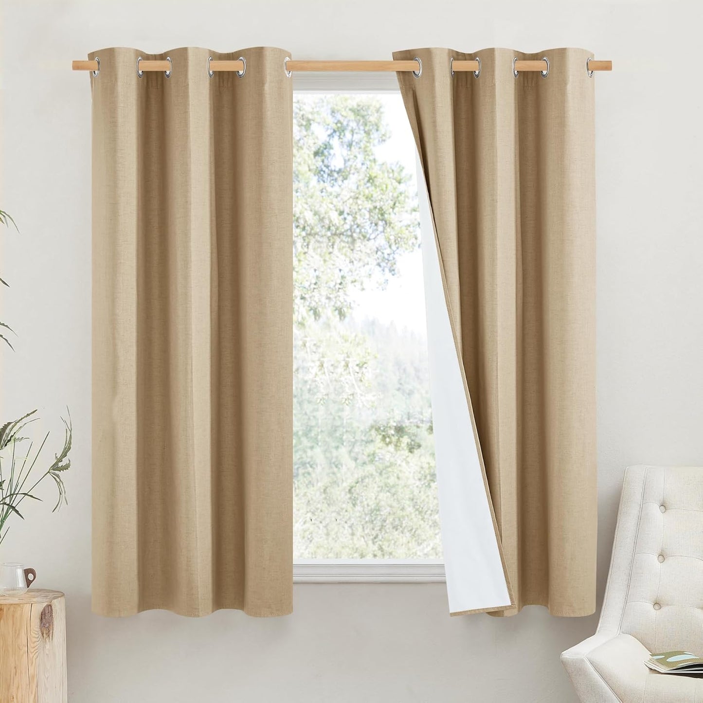 NICETOWN Blackout Linen Curtains - Thermal Insulated White Liner, Camel, 42" x 63", 2 Pieces | Bedroom & Kids Room Drapes