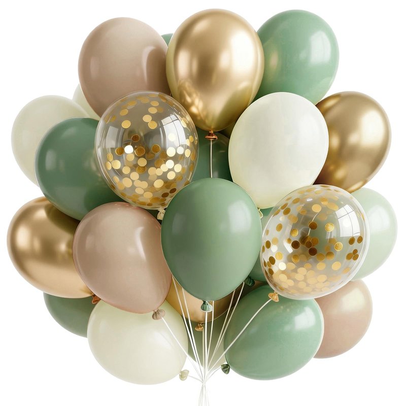PartyWoo Sage Green Balloons 65pcs 12 Inch Metallic Gold Sand White Light Brown Gold Confetti Balloons for Baby Shower Wedding Engagement Jungle Woodland Forest Birthday Party Decorations