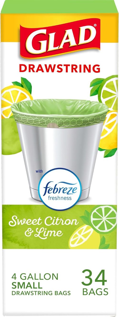 Glad Small Kitchen Drawstring Trash Bags - Febreze Sweet Citron & Lime Scent | 4 Gallon, 34 Count