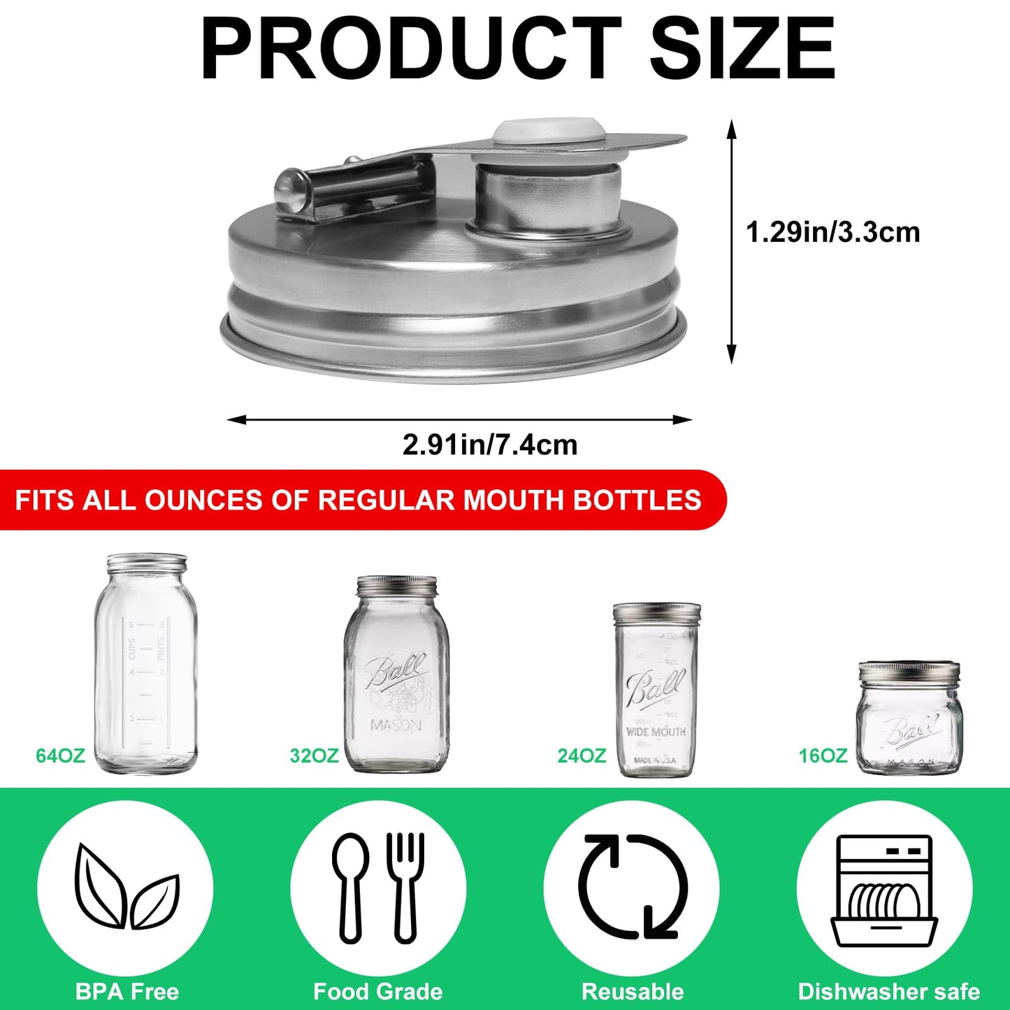 Mason Jar Pour Spout Lid Stainless Steel, 70MM Mason Jar Drinking Lids,Anticracking Leak Proof Seal Cover Airtight for Drinking Salad Dressing & Food Storing (2PCS)