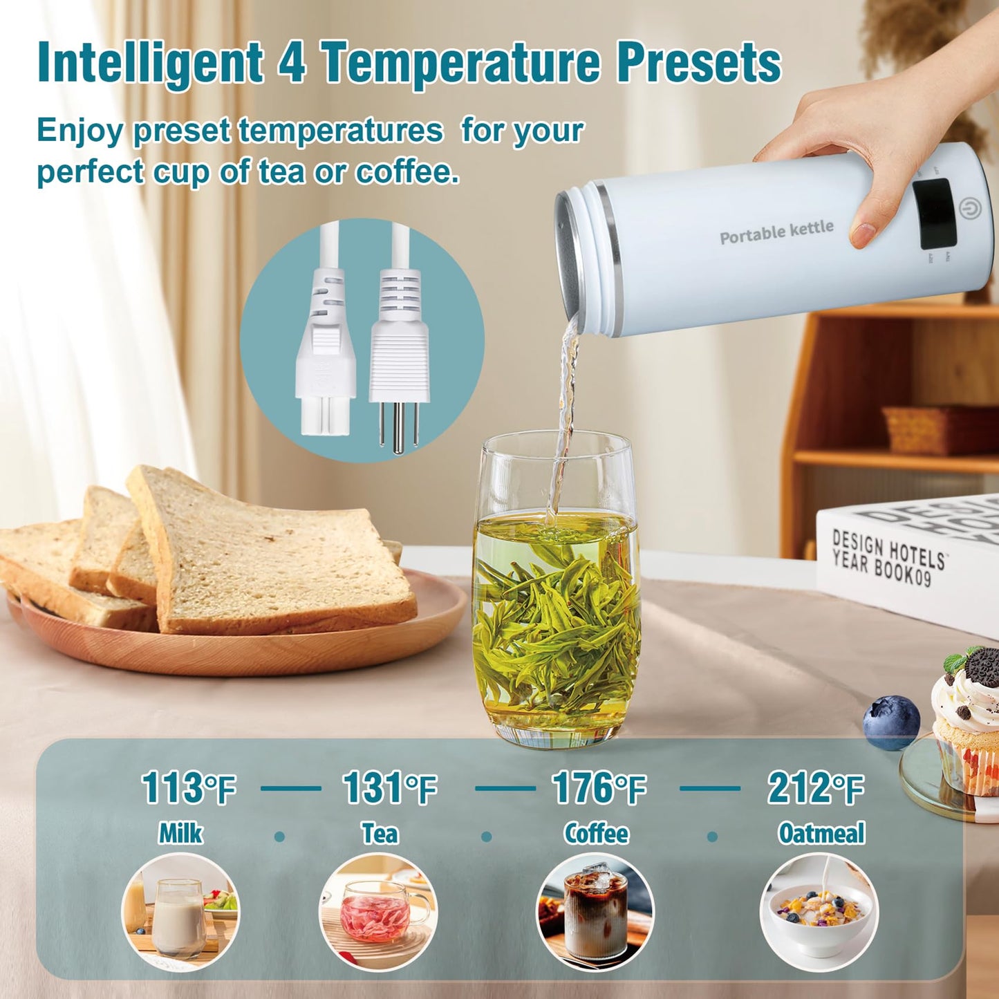 Travel Electric Kettle Portable Mini Kettle,Small Hot Water Boiler with 4 Temperature Settings,304 Stainless Steel, Fast Boiling Water with Auto Shut-Off and Boil Dry Protection,400ML