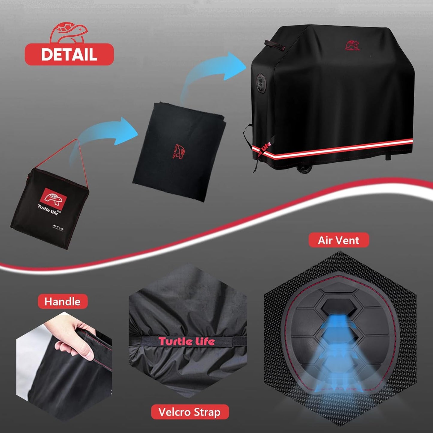 Turtle Life BBQ Grill Cover - 60 Inch Heavy Duty Waterproof Cover for 3-4 Burner Grills | Black