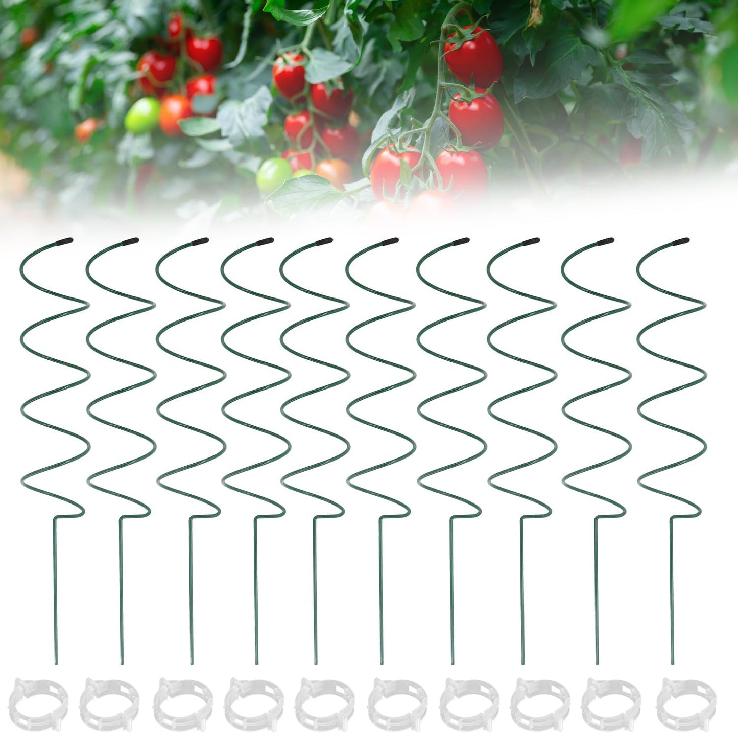 Tomato Twist | 10-Pack 16.3" Twisted Stakes with 20 Plant Support Clips for Climbing Plants