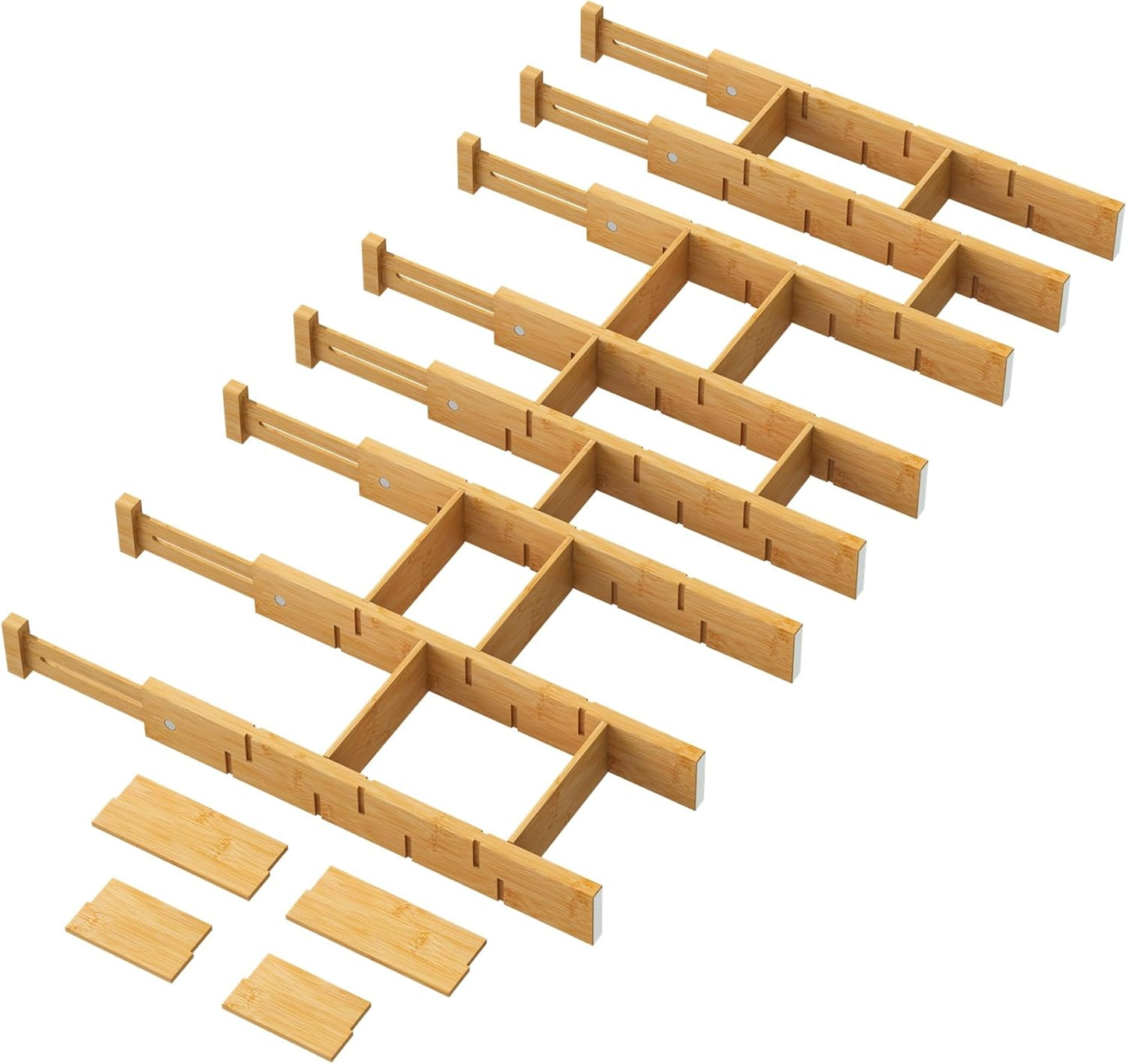 Kiplant Bamboo Drawer Dividers - Adjustable Organizers for Clothes & Kitchen | 8 Pack, 18-22.6 Inches, Non-Slip Ends