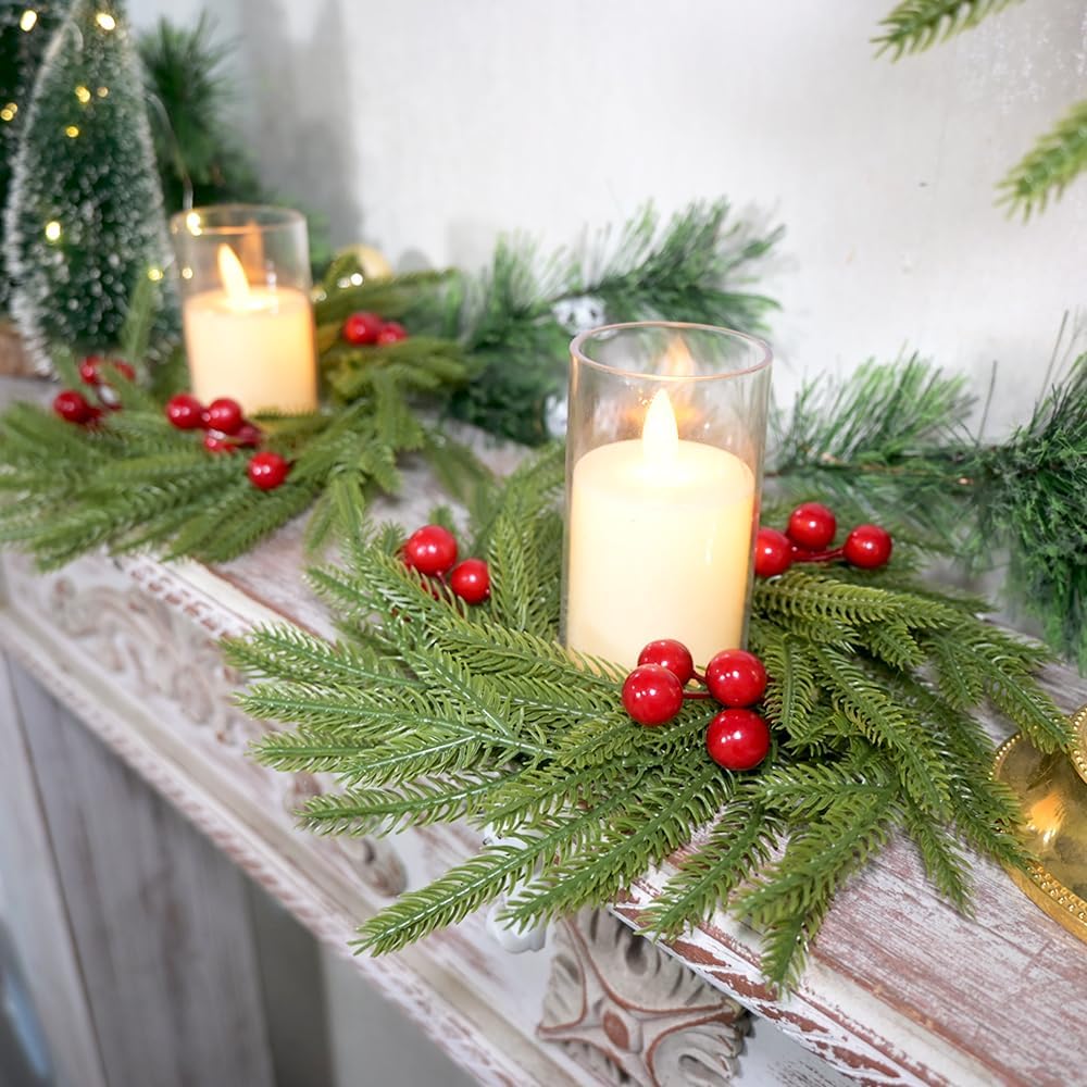 Regine Switzerland Christmas Candle Rings - 3Pcs Norfolk Pine & Red Berry Mini Wreaths | Festive Table Decor
