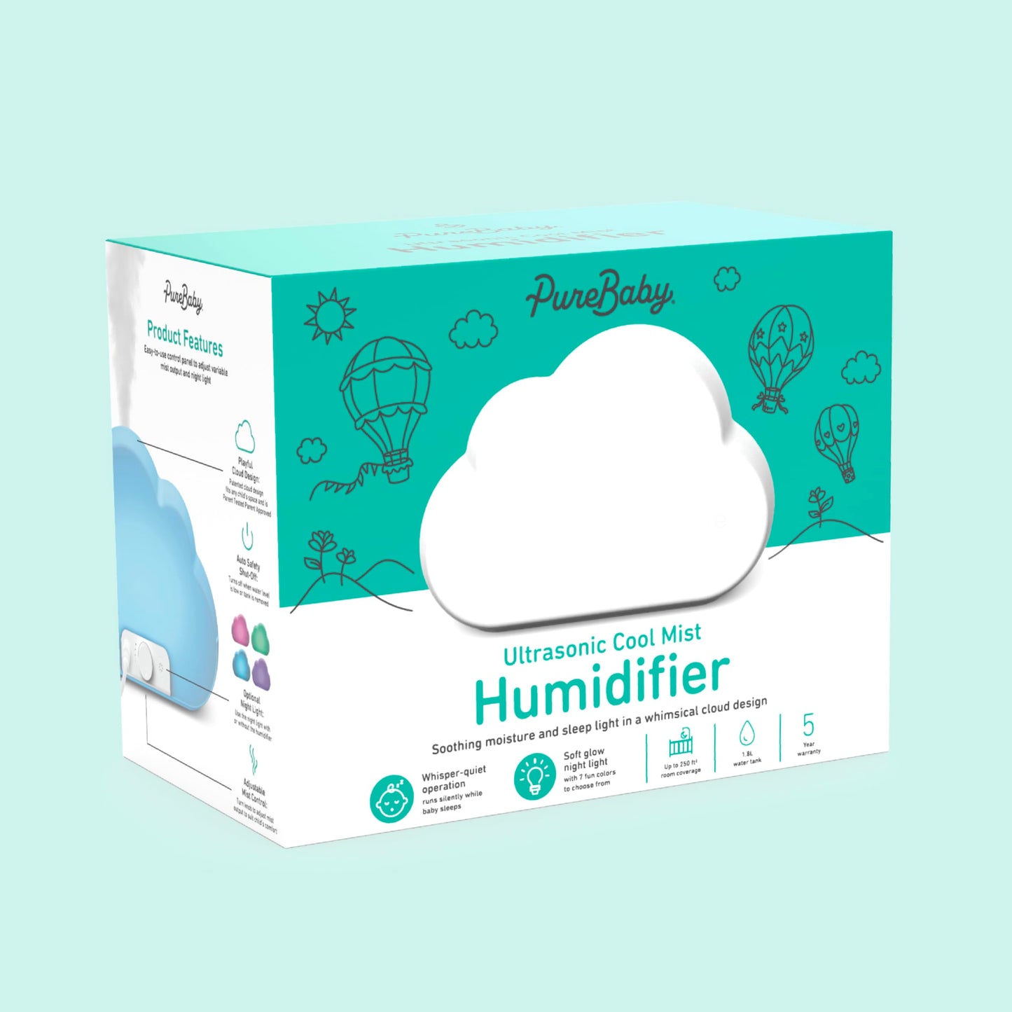 Pure Enrichment PureBaby Cloud Ultrasonic Cool Mist Humidifier Quiet Variable Mist for up to 24 Hrs Ideal for Baby Nurseries & Kids Bedrooms to Relieve Congestion Colds & Coughs, Night Light, BPA-Free