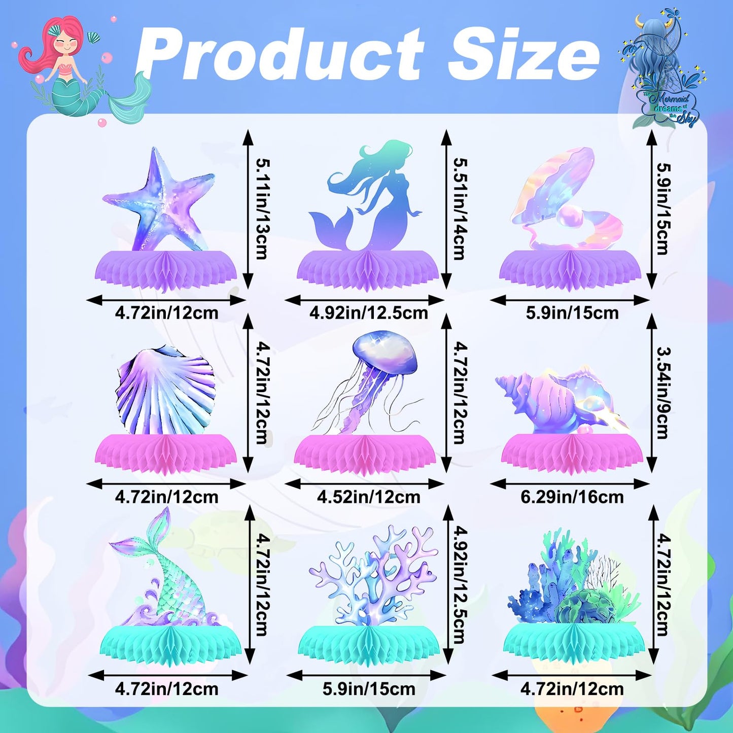 Oiuyamn 9 PCS Mermaid Theme Party Decorations, Ocean Mermaids Centerpieces for Tables Honeycomb Centerpiece, 3D Sea Party Supplies for Birthday Decor