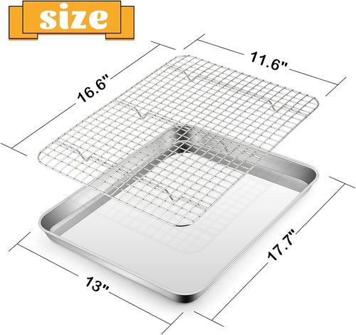 E-far Half Sheet Baking Pan Set - 18”x13” Stainless Steel Cookie Sheet with Wire Cooling Rack - Dishwasher Safe
