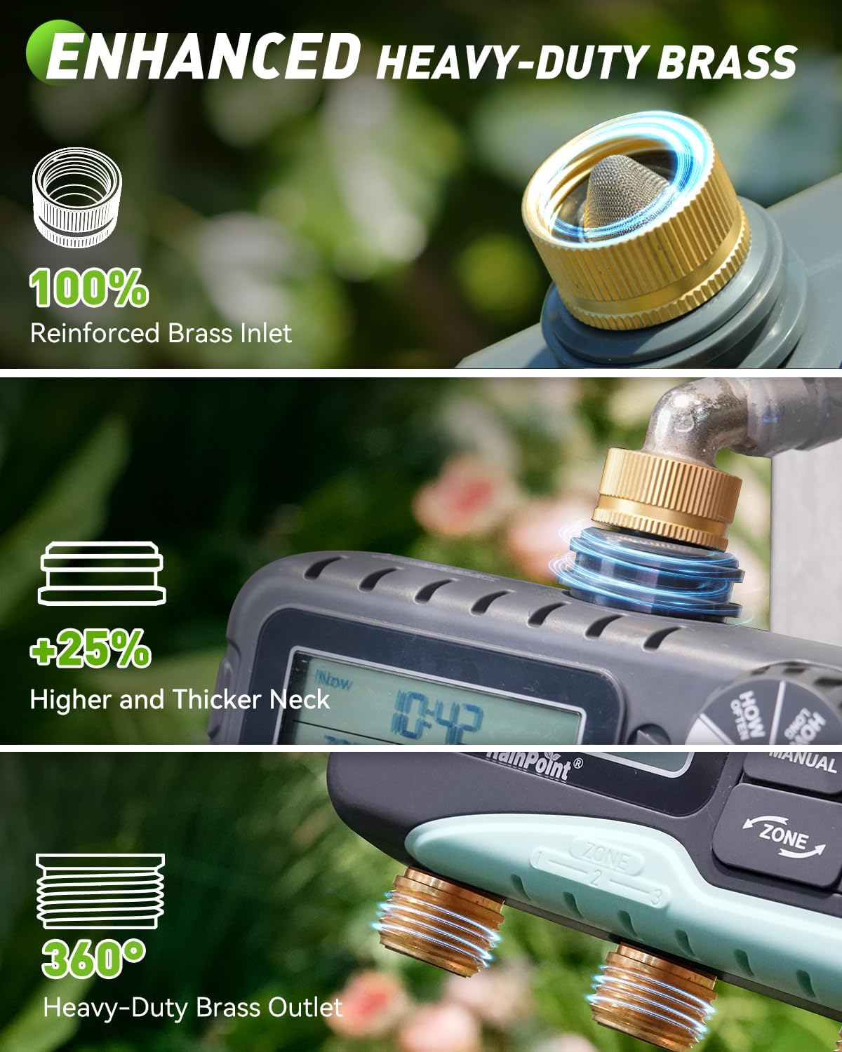 RAINPOINT 3-Zone Water Timer - IP65 Waterproof, Customizable Sprinkler Plans, Large LCD Display