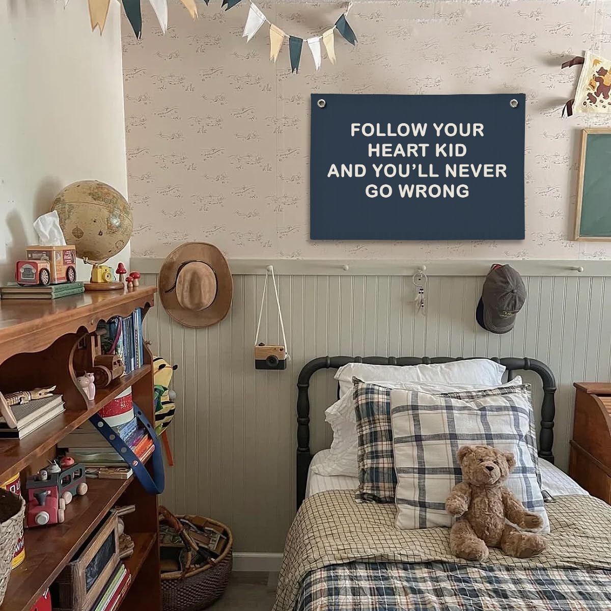 ShowDraven Boy Nursery Decor, Inspirational Wall Decor Hanging Linen Banner, Navy Blue Motivational Wall Flag for Kids Boys Room Playroom Nursery Decor, 20x30 Inch