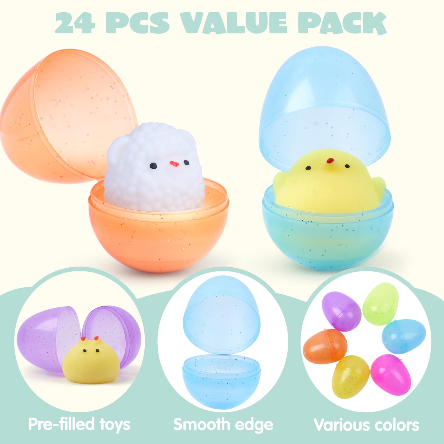 JOYIN 24 Pcs Easter Prefilled Eggs with Mochi Squishy Toys, Fruit Stress Reliever Squishy Toy for Easter Egg Hunt, Kids Party Favor, Fruit Themed Mochi Filler Basket Stuffers, Classroom Prize Supplies