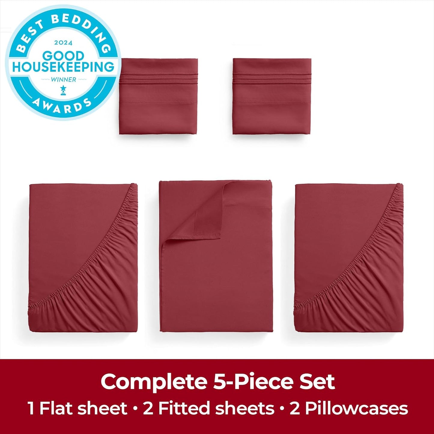 Mellanni Extra Deep Split King Sheets - 5 PC Hotel Luxury Bedding Set | Ultra Soft, Cooling, Wrinkle-Resistant (Brick Red)