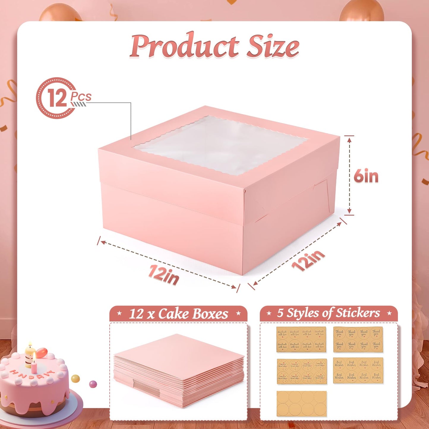 DOYIDE 12Pcs Cake Boxes, 12x12x6 Inches Pink Bakery Boxes with Window, Large Disposable Cake Carrier Container for Pastries, Pie, Cookies, Chocolates, Cupcakes Dessert Boxes