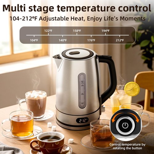 Electric Kettle,Temperature Adjustment, Stainless Steel Filter and Kettle,1.7L Tea Kettle & Hot Water Boiler For Coffee & Tea, Automatic Shut Off, 1500W, Silver