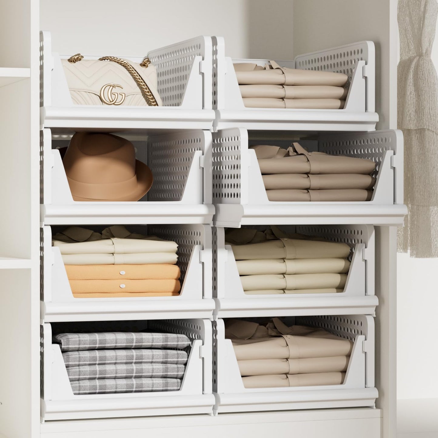 Proarea Stackable Storage Bins - 5 Pack Foldable Closet Organizers for Clothes | White Plastic Baskets