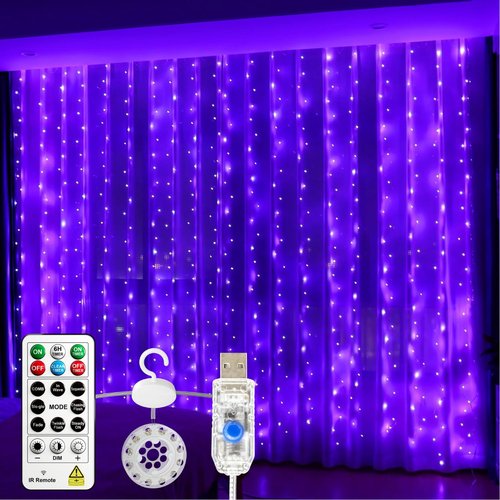 HXWEIYE 300LED Untangled Curtain Lights, 9.8x9.8Ft USB Fairy Twinkle String Lights with Remote and DIY Timer, 8 Modes Window Wall Hanging Light for Bedroom Dorm Backdrop Room Decor, Purple