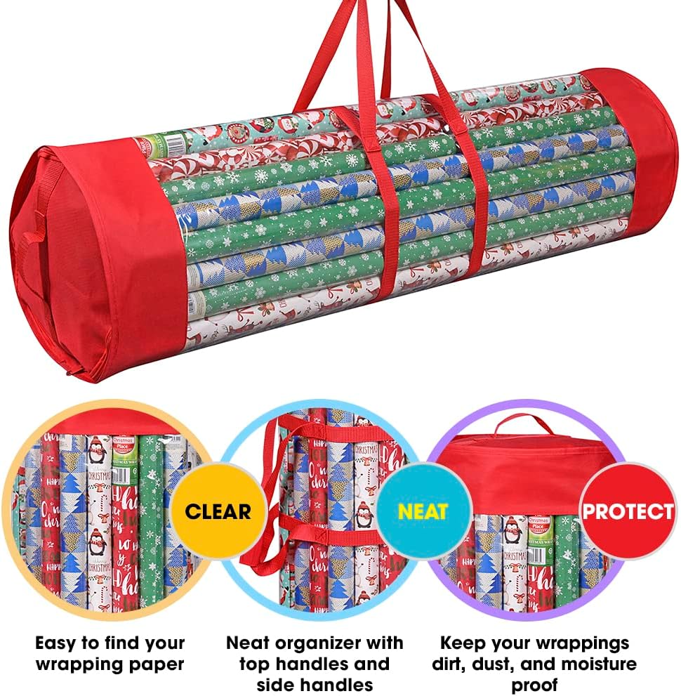 ProPik Gift Wrap Organizer - Heavy-Duty Wrapping Paper Storage Bag Holds 24 Rolls | 40-Inch Red & Clear