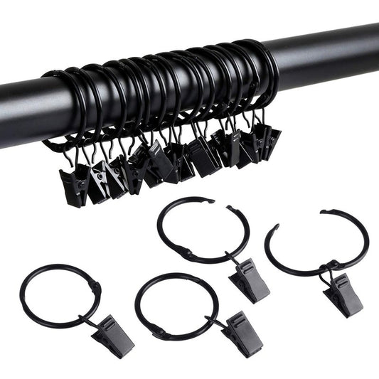 SPLF 36 Pack Metal Openable Curtain Rings with Clips, 1.22 Inch Interior Diameter, Fits up to 1 Inch Rod, Heavy Duty Rustproof Vintage Decorative Drapery Eyelet Curtain Rods Hangers Rings, Black