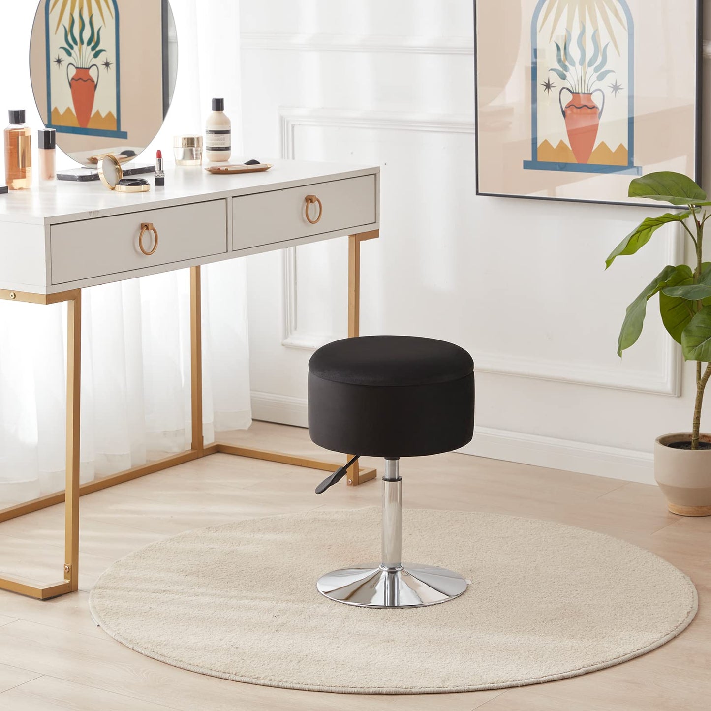 RUCUKEN Adjustable Ottoman Stool Black Vanity Stool Vanity Chair for Makeup Room Stool Chair for Vanity Stool with Storage Makeup Stools with Storage Swivel Makeup Chair for Bathroom Velvet
