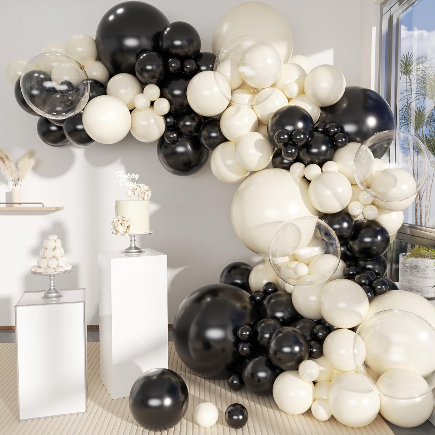 MOXMAY White Sand Black Balloons Arch Kit, 151Pcs Black Cream White and Bobo Balloons Garland 18 12 10 5 inch for Birthday Wedding Bridal Shower Bachelorette Anniversary Party Decorations