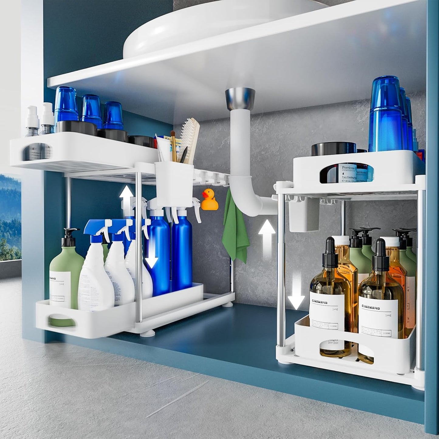 VERIFOST Under Sink Organizers - 2 Pack Adjustable Sliding Cabinet Storage | White 2-Tier Design
