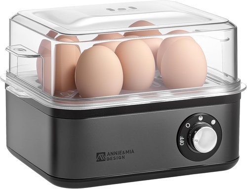 Annie & Mia Design Stainless Steel Electric Egg Cooker - 8 Egg Capacity, 500W, Auto Shut-Off, Recipe Guide (Black)