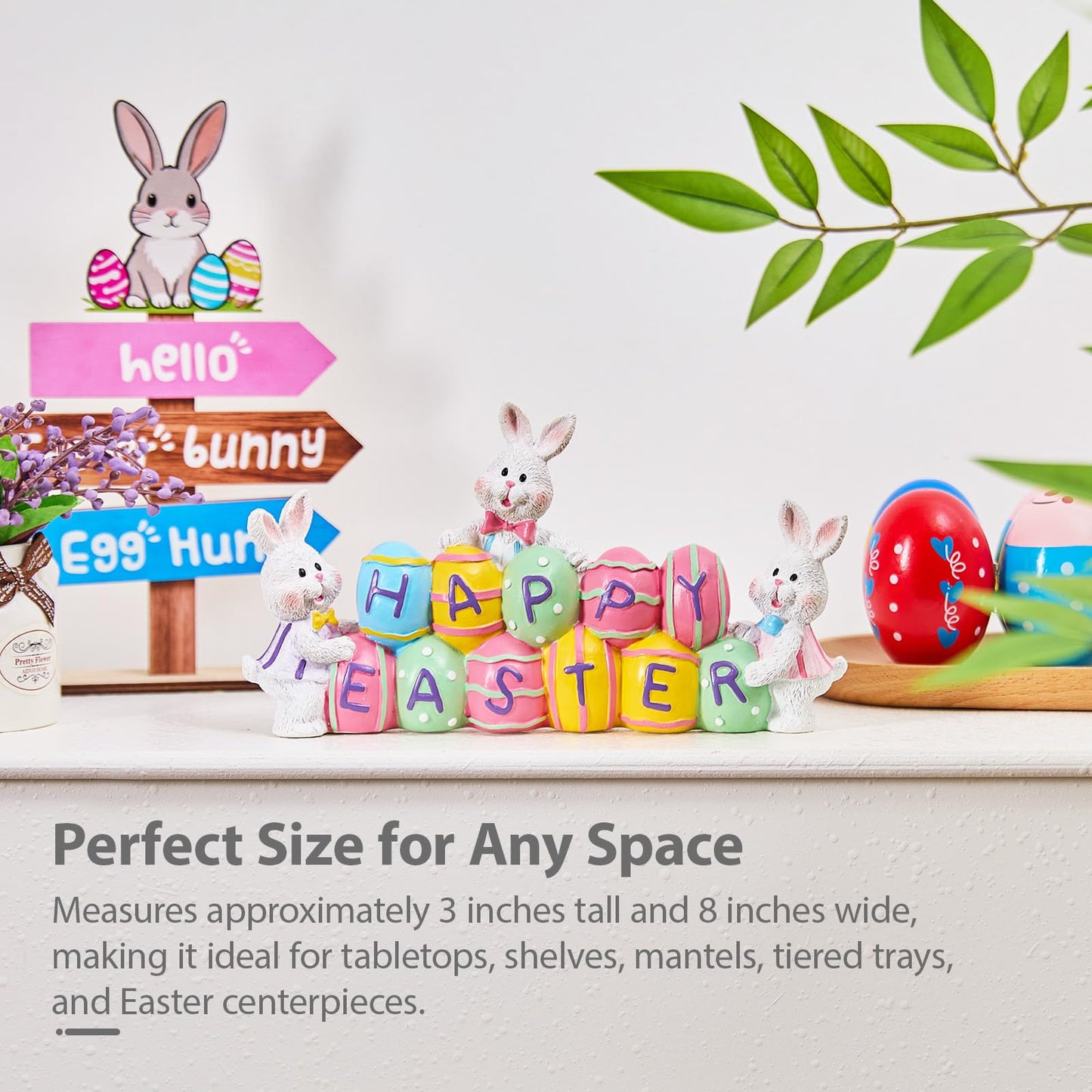 yumhum 3 Bunny Holding Eggs and Happy Easter Decorations, Resin Easter Bunny Rabbits Figurine Tabletop Centerpiece for Spring Decor Easter Home Office Party Decor