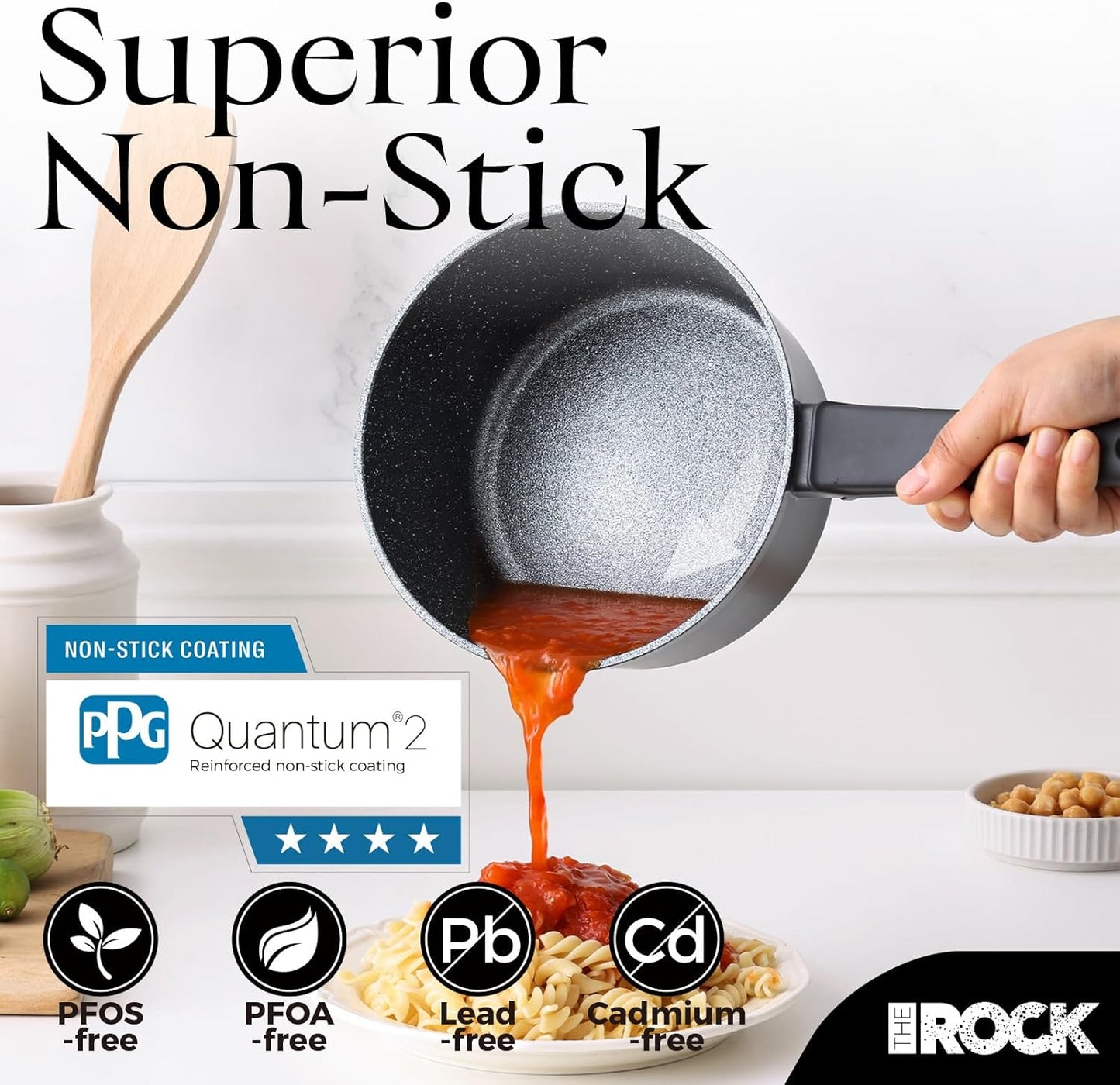 The Rock Soho Nonstick Saucepan - 1.9 Quart Small Pot with Durable PPG Quantum2 Coating | Induction Compatible, PFOA-Free, Black