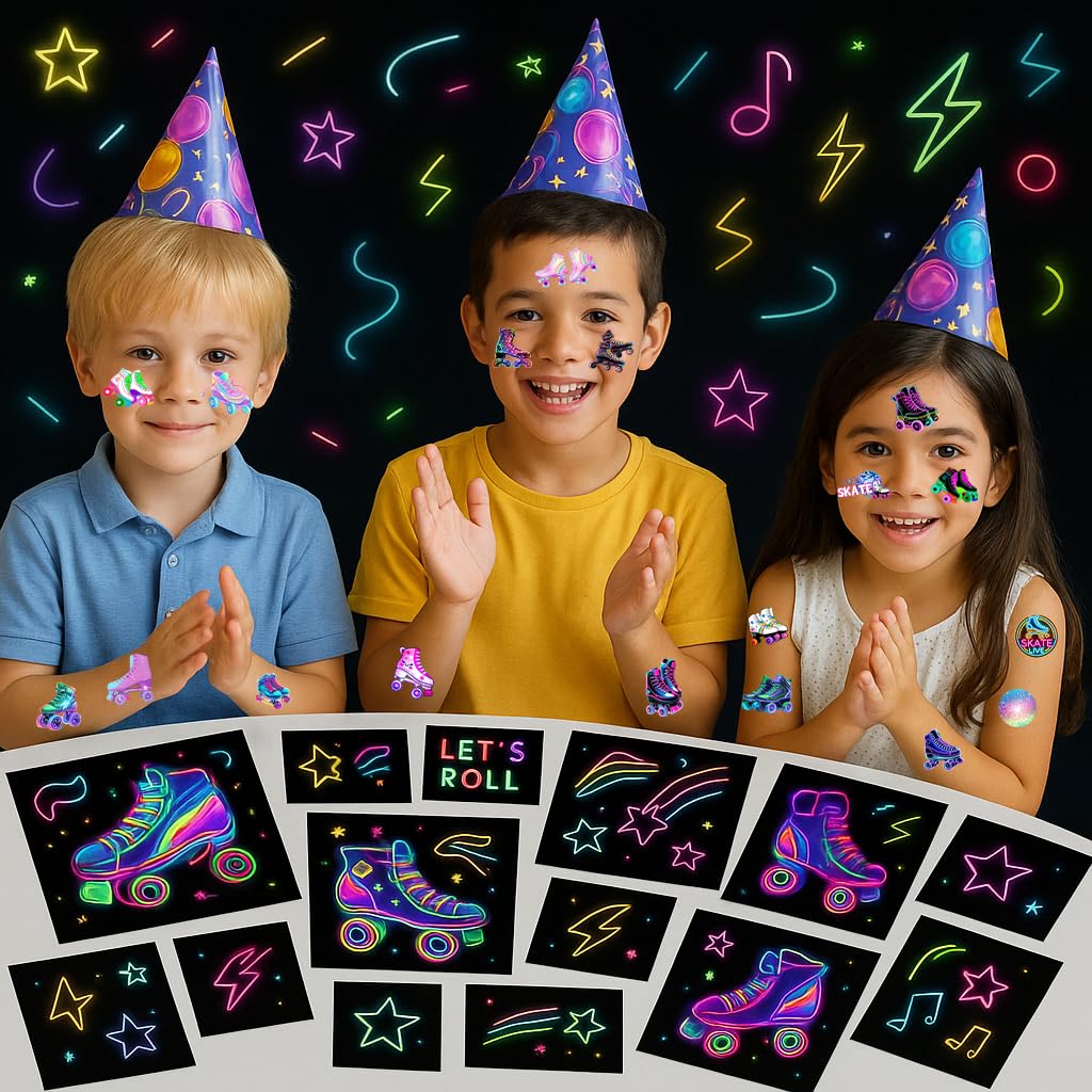 Neon Roller Skate Temporary Tattoos - 8 Sheets (96PCS) 80s 90s Theme Birthday Party Decorations Supplies Favors Stickers for Kids Girls Boys Gifts Classroom School Prizes Rewards