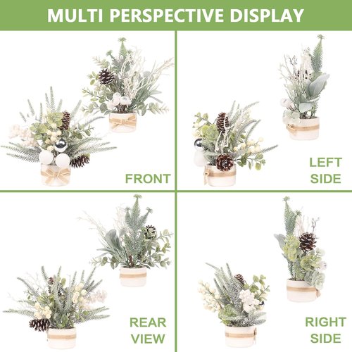 JJIALEIXI Mini Christmas Tree Set - 11" Artificial Potted Tabletop Decor for Holiday & Winter Celebrations | White/Green/Silver