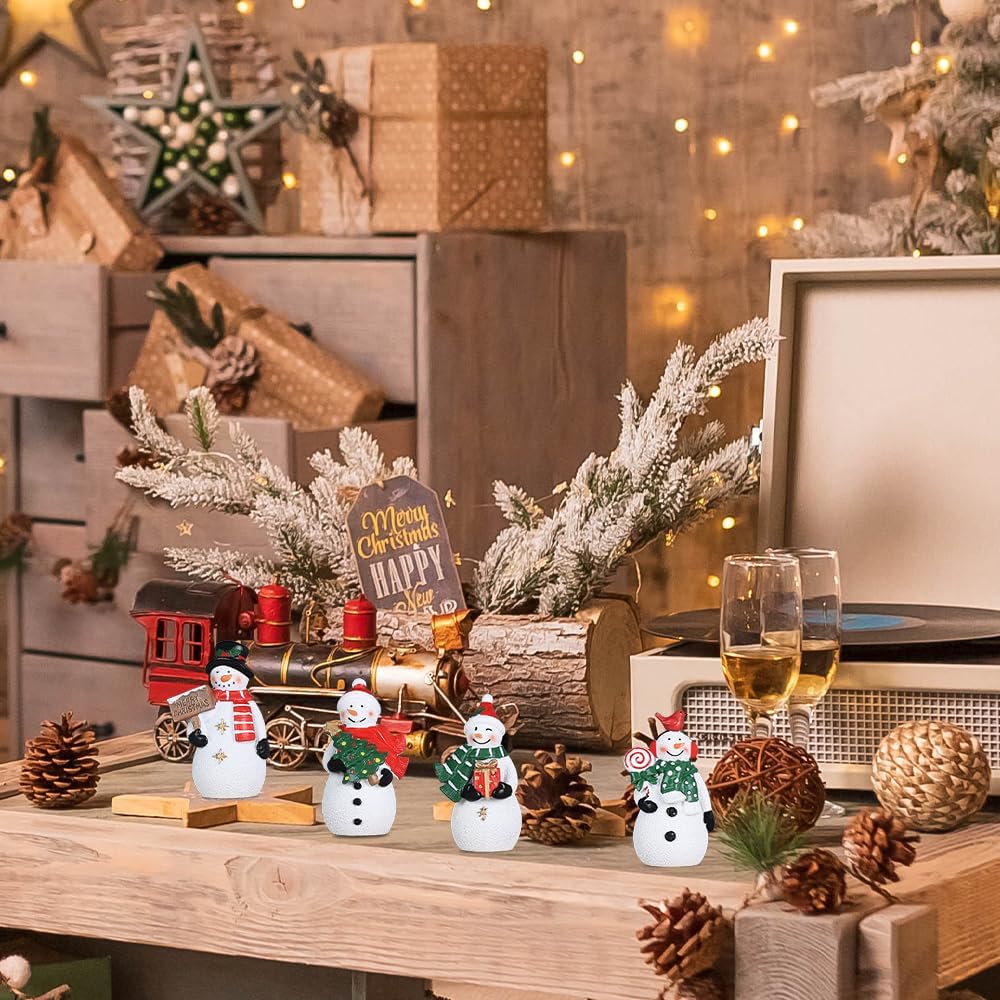 MEETYAMOR Christmas Snowman Ornaments - 4 PCS Rustic Resin Decor for Home & Table Display