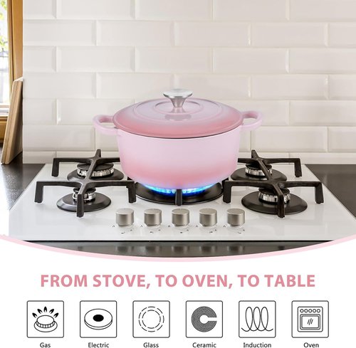 E-far 3 Qt Enameled Cast Iron Dutch Oven - Heavy Duty Nonstick Pot for Baking & Roasting - Pink
