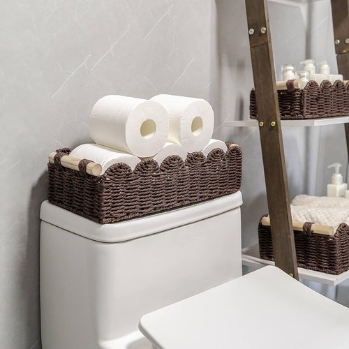 CubesLand Woven Paper Rope Storage Basket - Scalloped Edge Design for Organizing | Brown with Wood Handle