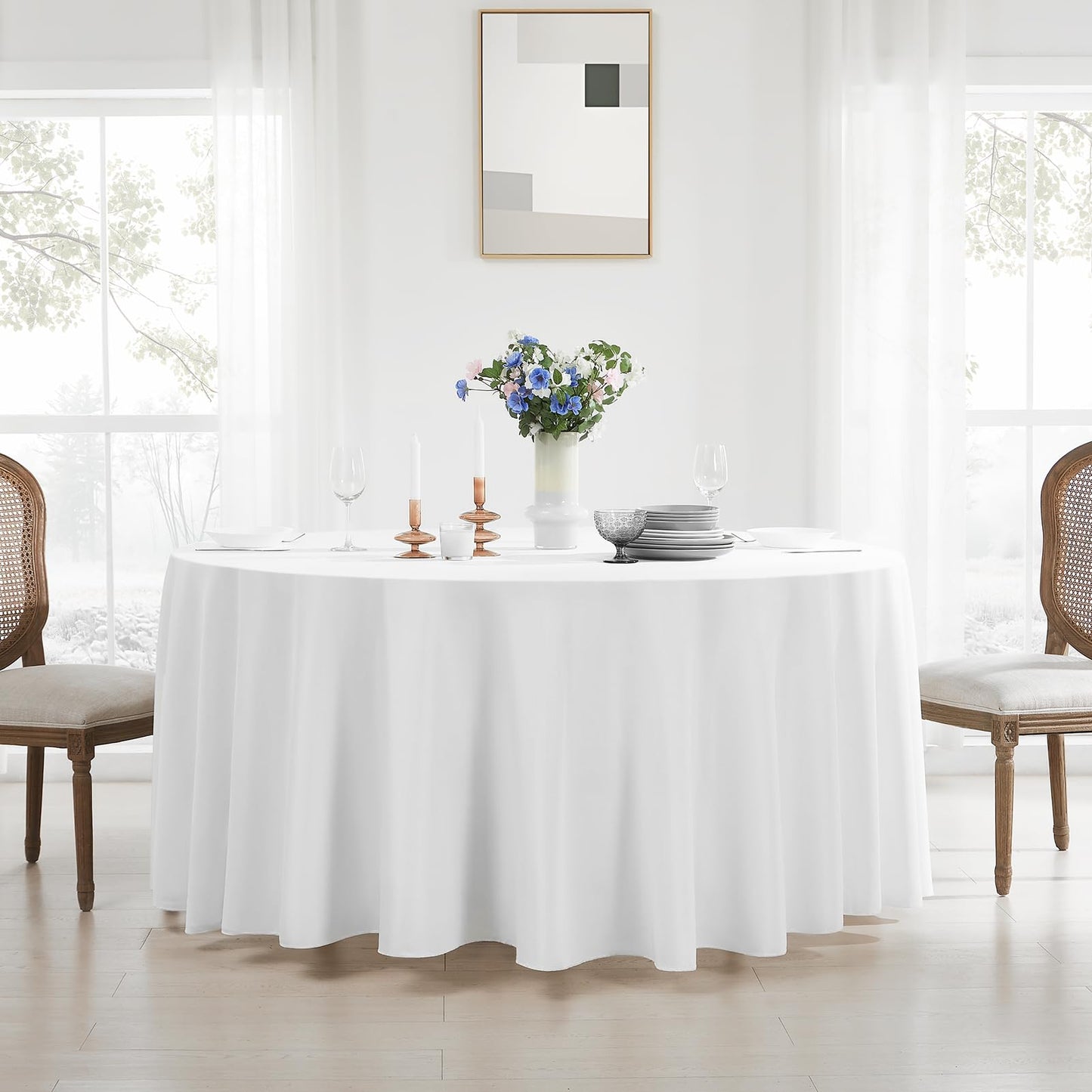 Aocoz Round Tablecloth 120 Inch 10 Pack White Tablecloths Washable Decorative Linen Polyester Table Clothes Cover for Dining Table Banquets Buffet Parties and Wedding