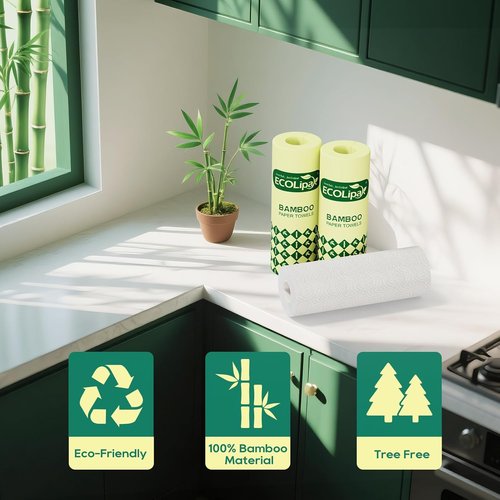 ECOlipak Bamboo Paper Towels - Soft & Absorbent 2-Ply | 8 Rolls, 120 Sheets, Compostable & Plastic-Free