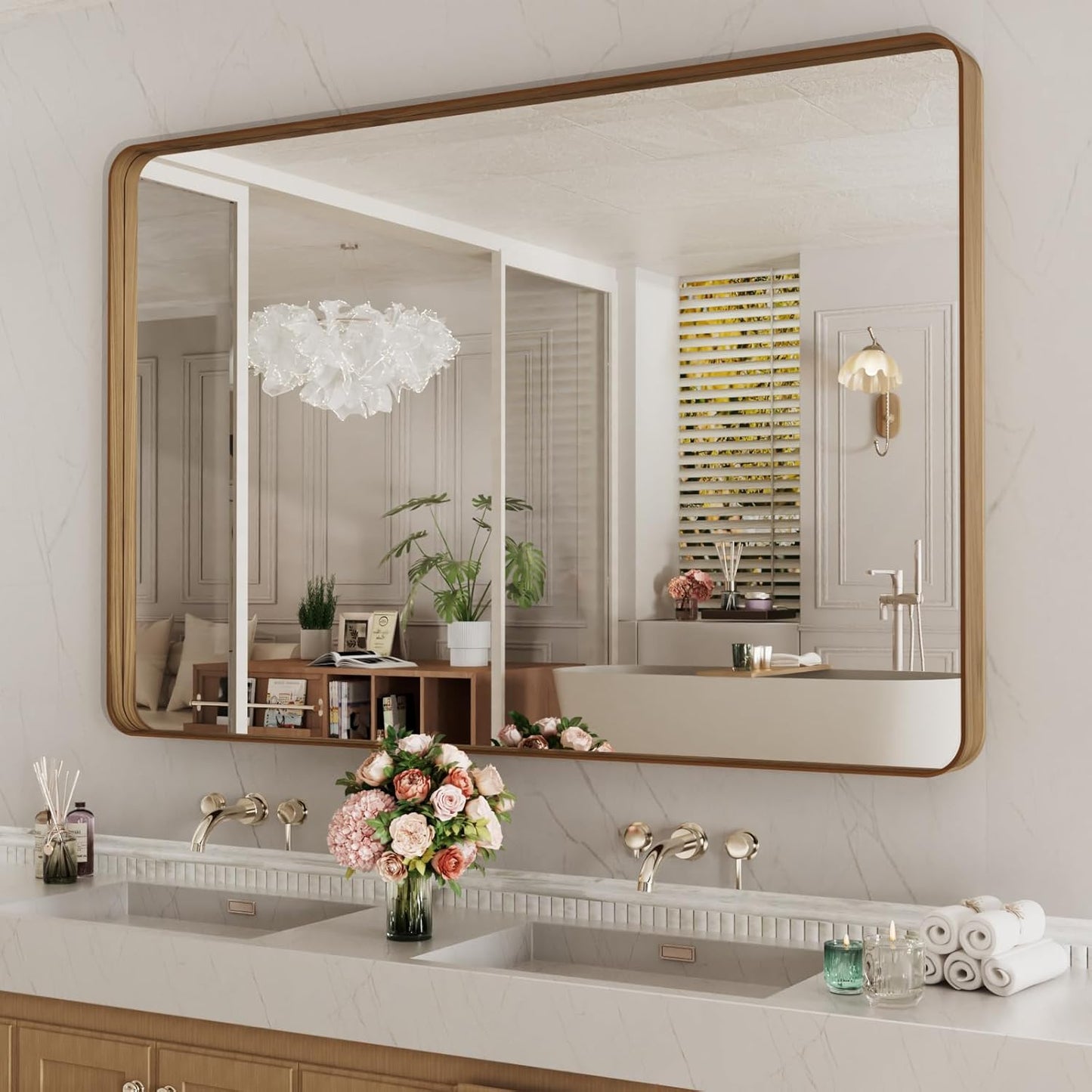 LOAAO Bathroom Mirror - 55x36 Inch Rounded Rectangle with Wood Grain Metal Frame | Anti-Rust, Versatile Hanging Options