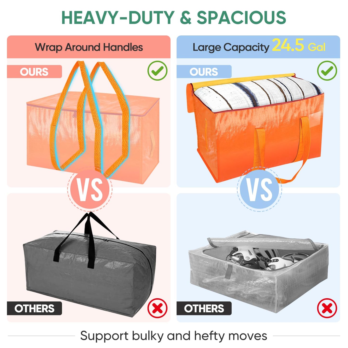 BALEINE 8-Pack Oversized Moving Bags with Reinforced Handles, Heavy-Duty Storage Tote for Clothes, Moving Supplies (Orange, 8-Pack)