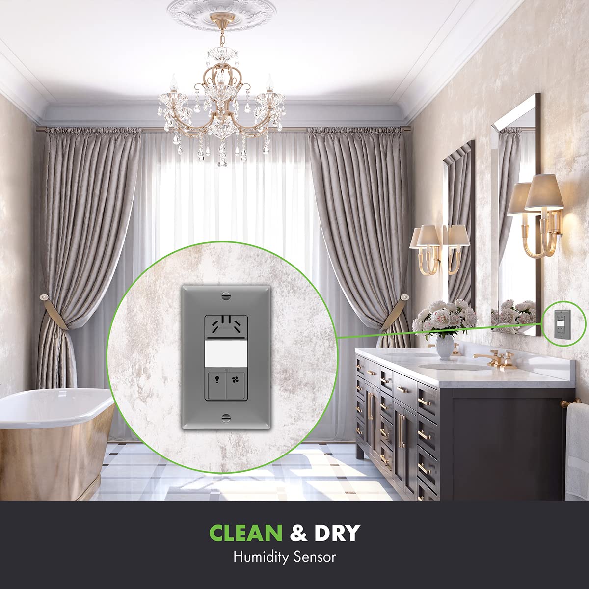 TOPGREENER Humidity Sensor Switch, Dual Tech Humidity PIR Motion Sensor Switch for Separate Fan and Light Control, 500W, 3A, Neutral Required, TDHOS5, Gray