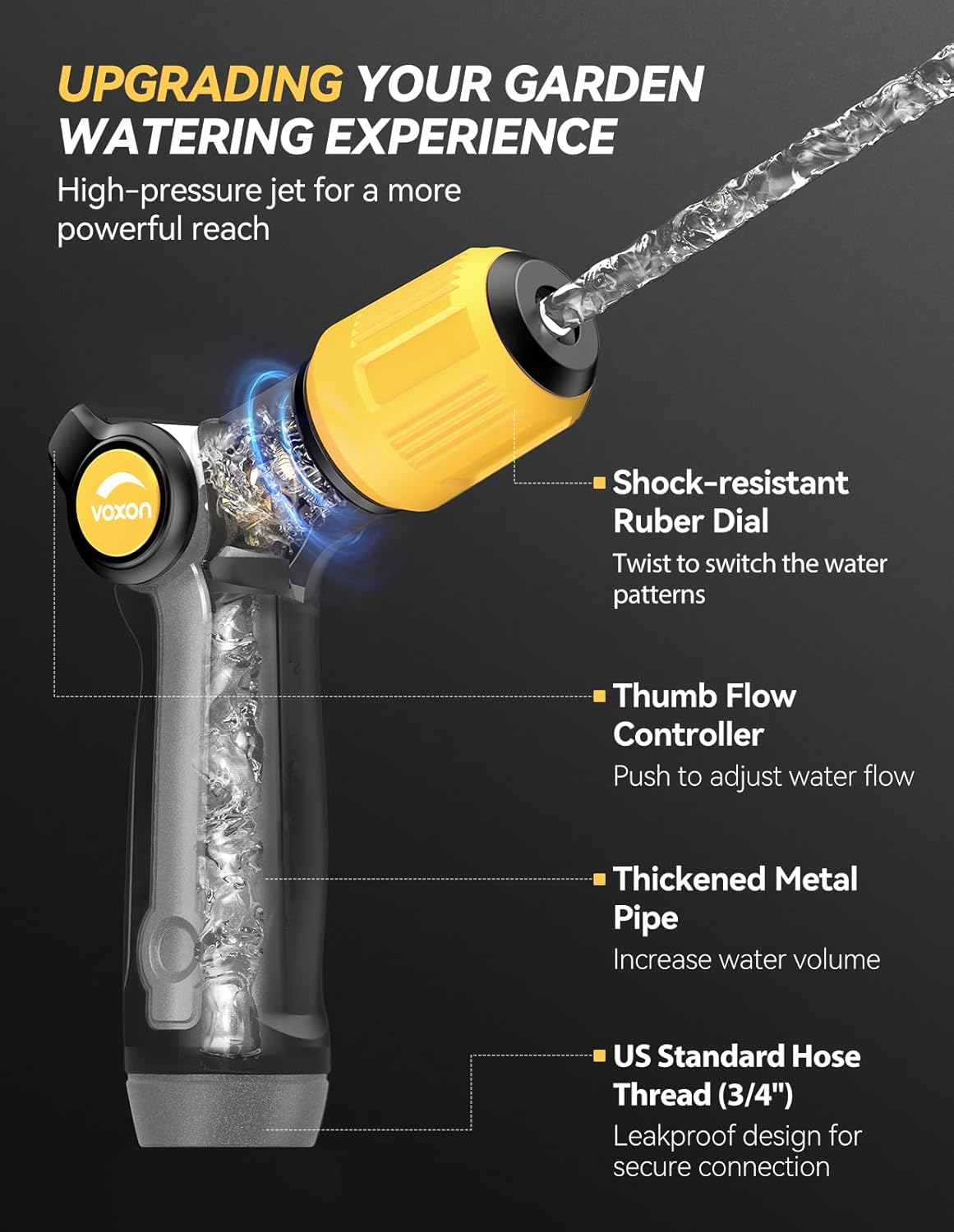 VOXON Heavy Duty Metal Garden Hose Nozzle - High Pressure Sprayer with Adjustable Spray Patterns for Lawn, Car, and Pets