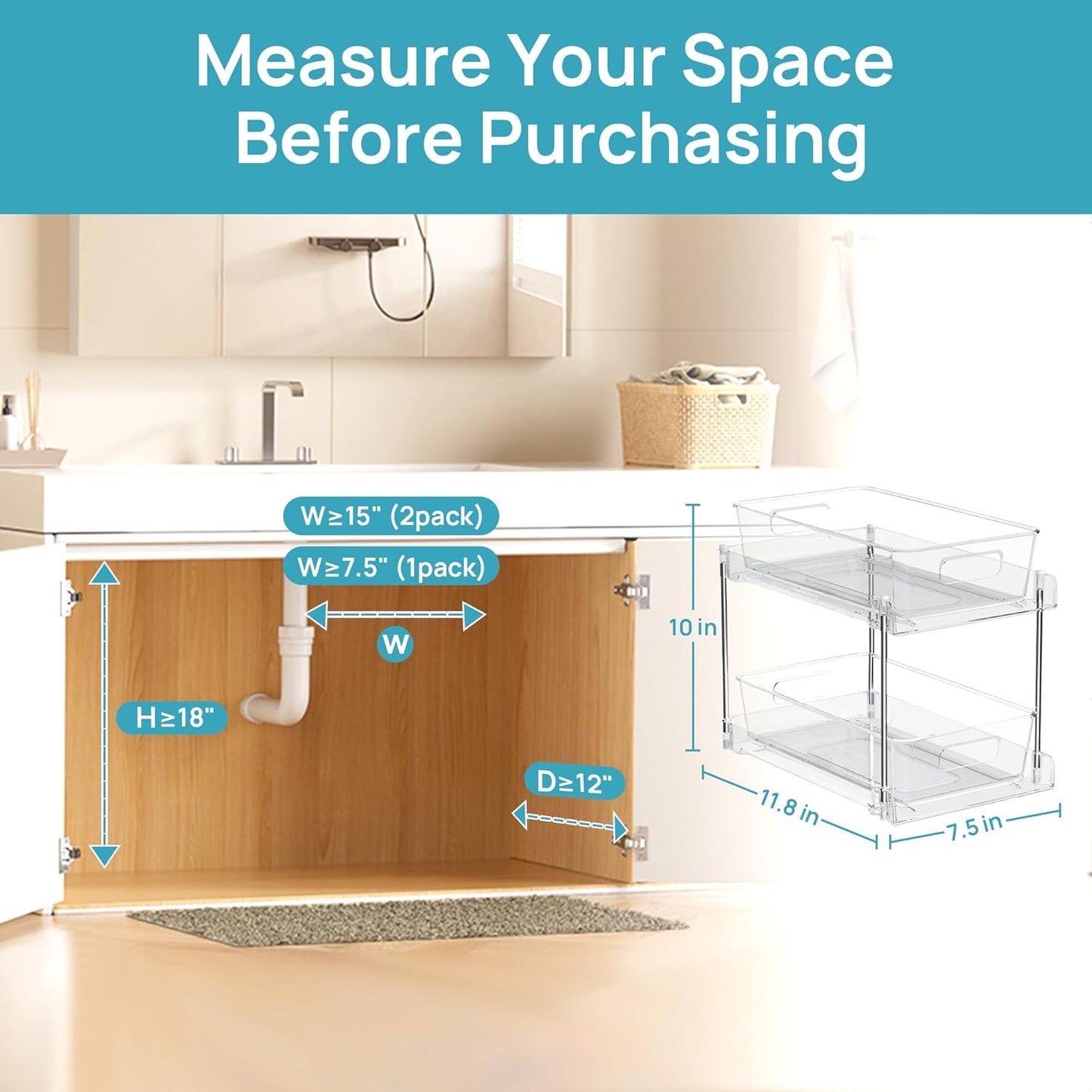Vtopmart 4-Pack Bathroom Organizer - 2-Tier Clear Under Sink Storage Bins for Vanity & Kitchen