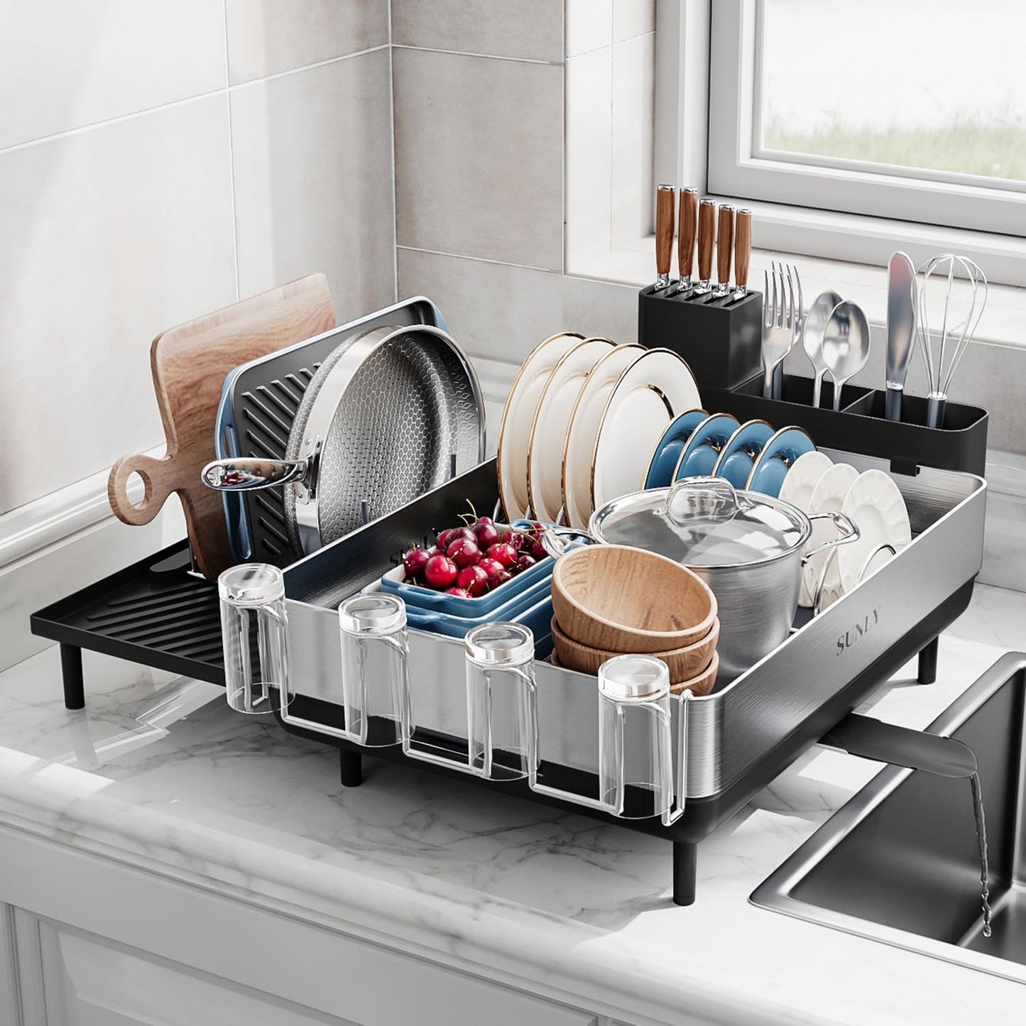SUNLY Large Dish Drying Rack - Expandable 304 Stainless Steel Kitchen Drainer | Space-Saving Black Design