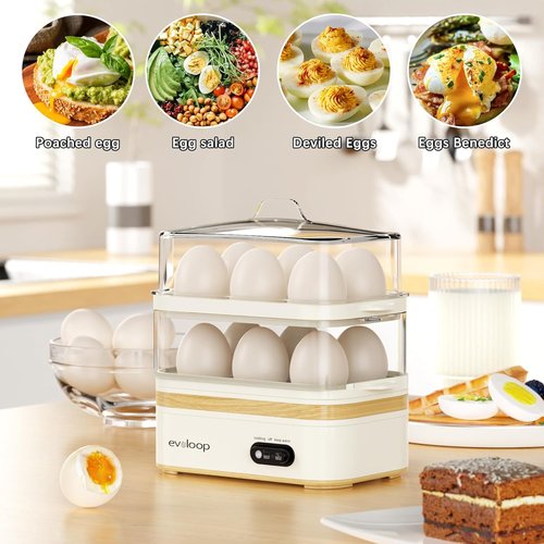 Evoloop Rapid Egg Cooker - Electric 12-Egg Capacity | Soft, Medium, Hard Boiled & Poached Eggs, BPA-Free Tray (White)
