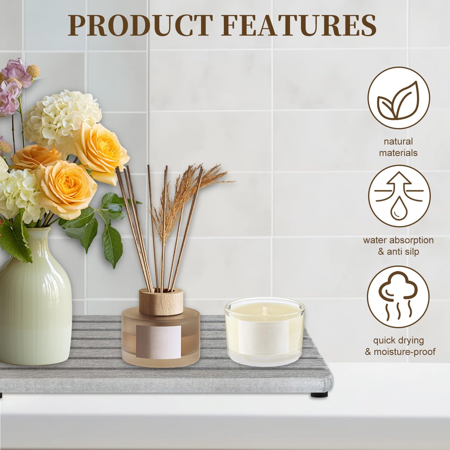 2 PCS Water Absorbent Diatomite Rectangle Coasters with Grooved Design - Thirsty Absorbing Stone Tray for Soaps Dish, Hand Soaps, Plants, Toiletries - Keep Bathroom & Kitchen Counter Tops Dry & Tidy