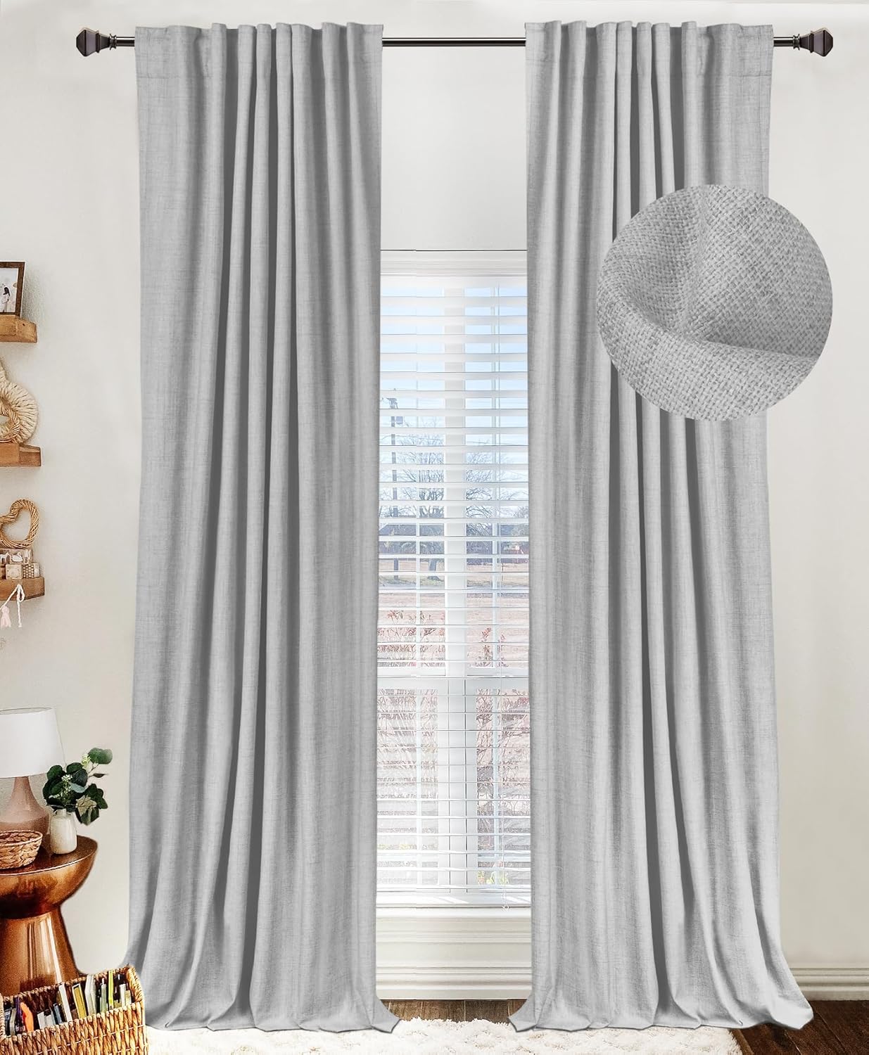 Skiennix 100% Blackout Linen Curtains - Thermal Insulated Drapes for Bedroom | 2 Panels Set, 50" W x 96" L, Grey