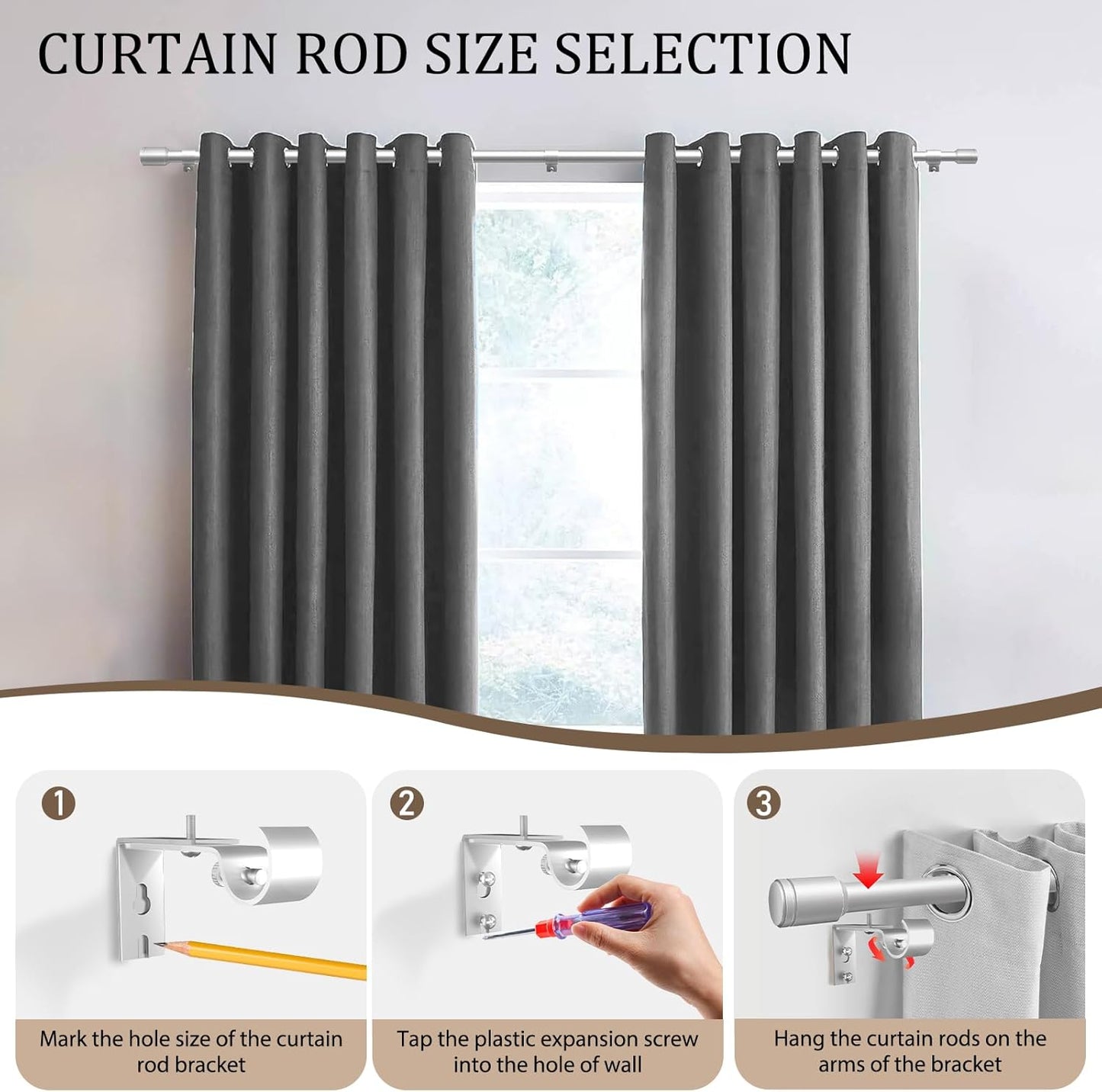 Skiennix 1” Diameter Silver Curtain Rods - Heavy Duty Adjustable Window Treatment, 30-120 Inch, Ideal for Bedroom & Living Room