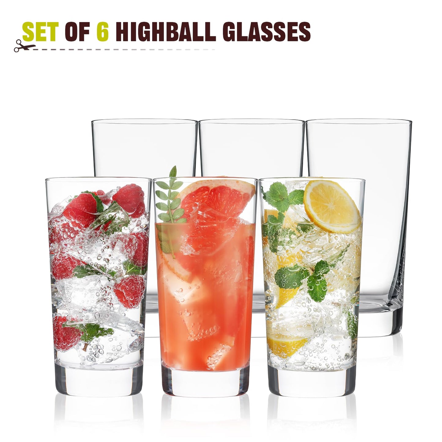 OUWO Highball Glasses Set of 6, 13oz Tall Drinking Glasses, Water Glass for Kitchen, Tom Collins Glasses, Mojito Glass Cups, Cocktail Glasses for Bar Glassware