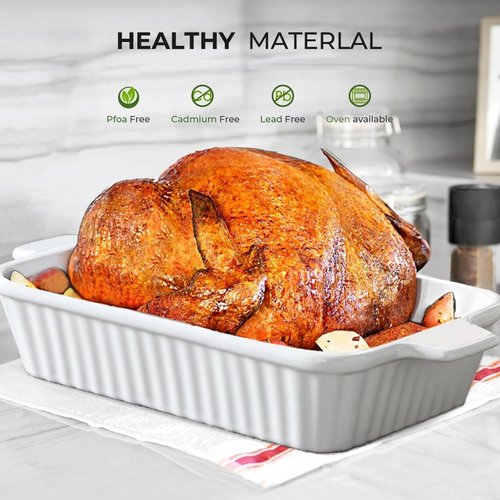 Ceramic Baking Dish Set (2-Piece) - 4.4QT & 1.8QT Rectangular Casserole Pans for Lasagna, Turkey, Cake - White Oven Safe Roaster Pans 13x9.5 & 10x7 Inch Dishwasher Safe
