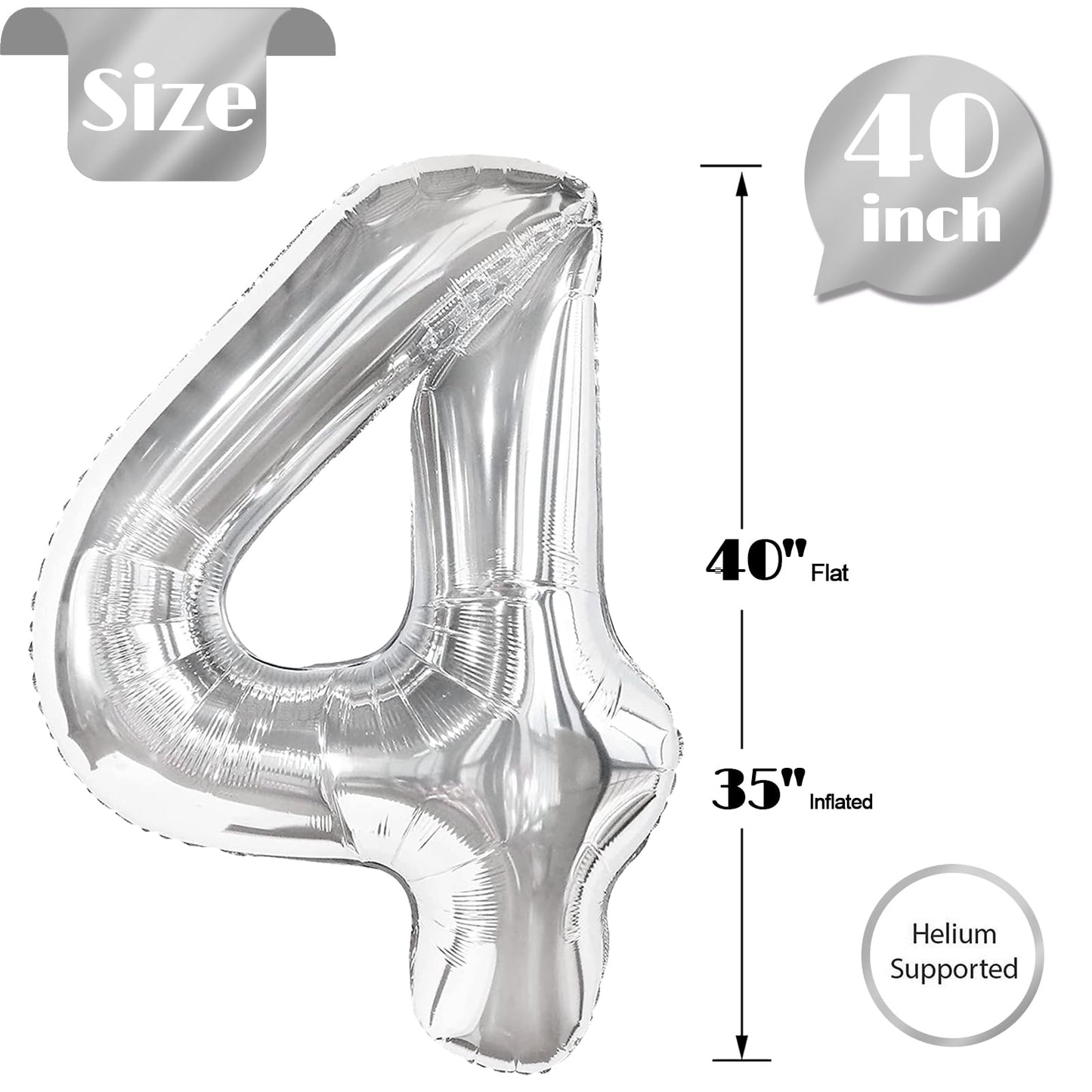 Silver 4 Balloon, Number Balloons 40 Inch, 4th Silver Party Decorations, Four Large Numbers for Party Decor, Number 4 Balloon