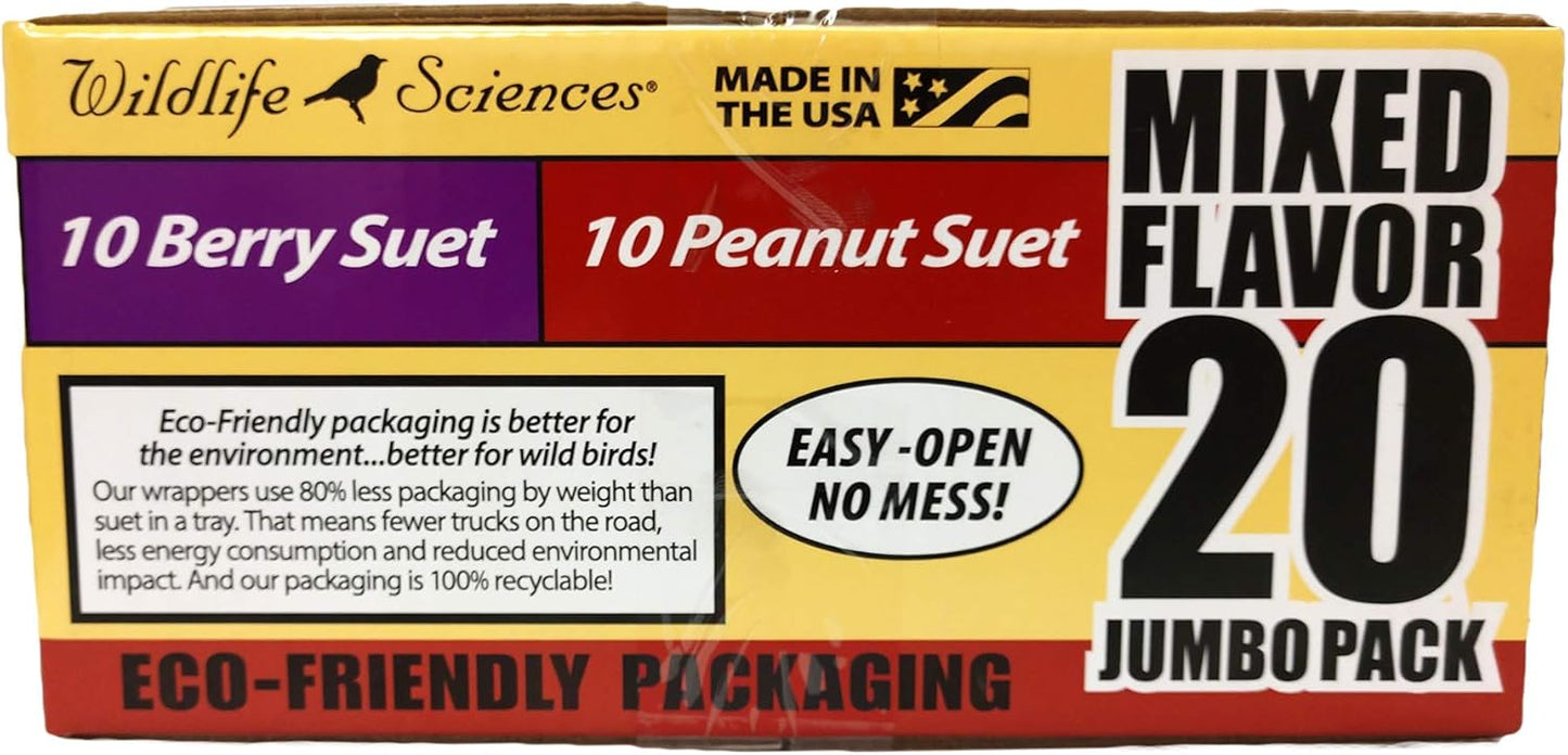 Wildlife Sciences Jumbo Suet Cake 20 Pack - 10 Peanut & 10 Berry | 10.5 oz. Suet Cakes for Wild Birds